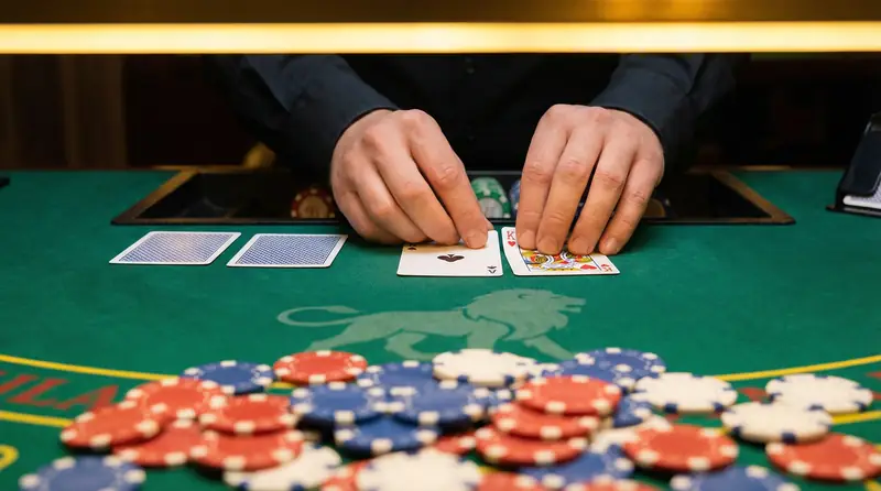 Cartas de blackjack siendo repartidas en mesa de casino